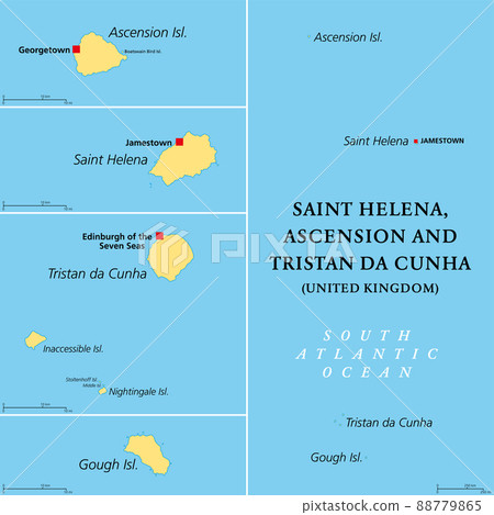 Saint Helena, Ascension and Tristan da Cunha, political map. British Overseas Territory in the South Atlantic, with capital Jamestown. Saint Helena, Ascension, Tristan da Cunha archipelago, and Gough. Saint Helena, Ascension and Tristan da Cunha, political map. British Overseas Territory in the South Atlantic, with capital Jamestown. Saint Helena, Ascension, Tristan da Cunha archipelago, and Gough. 88779865