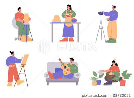 People doing hobbies, music, cooking, sculpture 88780031