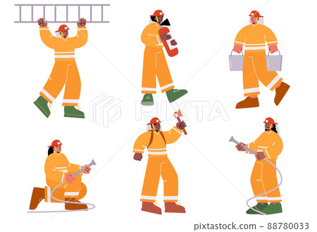 Firemen brigade with extinguisher, hose, ladder Firemen brigade with extinguisher, hose, ladder 88780033