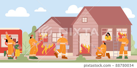 Group of firemen fighting with fire at burn house 88780034
