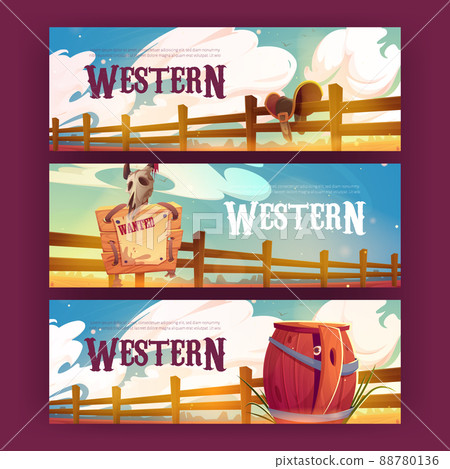 Western cartoon banners, wild west background set Western cartoon banners, wild west background set 88780136