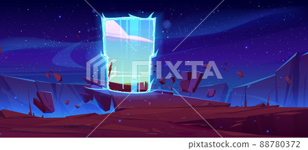Magic portal on mountain cliff with flying rocks 88780372