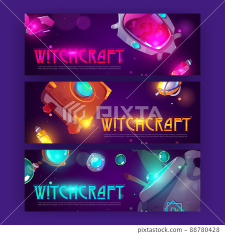 Witchcraft cartoon banners with magician stuff 88780428