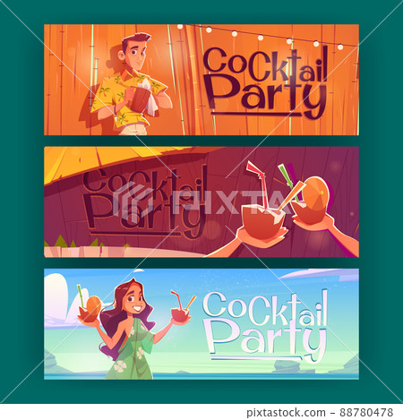 Cocktail party flyers with woman holding coconuts 88780478