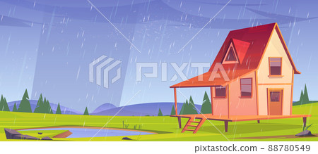 Wooden stilt house at rainy weather, old shack Wooden stilt house at rainy weather, old shack 88780549