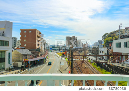 Cityscape seen from Onomichi's pedestrian bridge Roads and railroad tracks 88780986