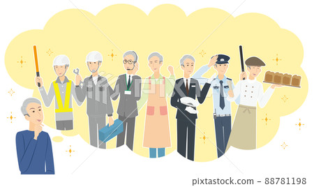 Occupational set of senior men thinking about work after retirement Occupational set of senior men thinking about work after retirement 88781198