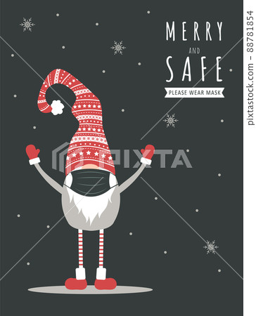 Christmas gnome wearing a protective face mask against coronavirus. New year greeting card with quote Merry and Safe. 88781854