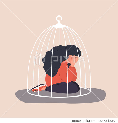 Woman locked in cage. Sad teenager sitting on floor and crying. Social isolation concept. Female empowerment movement. Violence in family. Vector illustration in cartoon style 88781889
