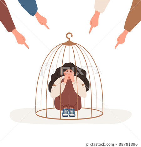 Girl locked in cage. Fingers pointing on sad woman. Depressed teenager hugging knees and crying. School bullying. Empowerment movement. Vector illustration in cartoon style 88781890