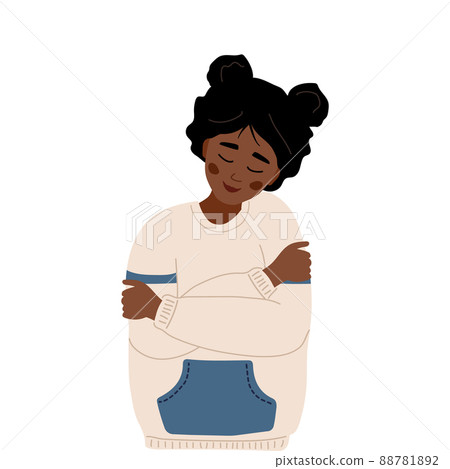 Love yourself. Self care. Mental health concept. Happy african woman hugging herself. Smiling teenager enjoys her freedom. Vector illustration in flat cartoon style 88781892