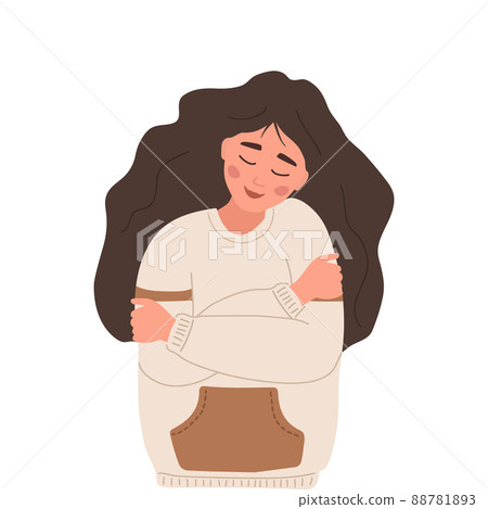 Love yourself. Self care. Mental health concept. Happy woman hugging herself. Smiling teenager enjoys her freedom. Vector illustration in flat cartoon style 88781893