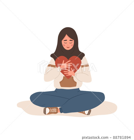 Love yourself. Self care. Mental health concept. Happy arab woman in hijab hugging red heart. Smiling teenager enjoys her freedom. Vector illustration in flat cartoon style 88781894