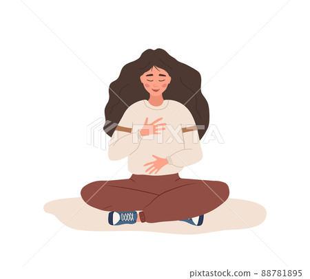 Abdominal breathing. Woman practicing belly breathing for good relaxation. Breath awareness yoga exercise. Meditation for body, mind and emotions. Spiritual practice. Flat cartoon vector illustration 88781895
