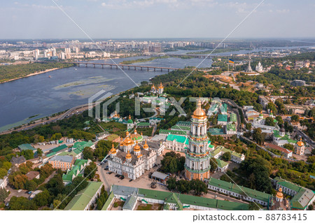 Magical aerial view of the Kiev Pechersk Lavra near the Motherland Monument. 88783415