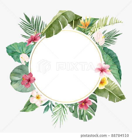 Circular Banner with Tropical Flowers and Green Leaves Circular Banner with Tropical Flowers and Green Leaves 88784510