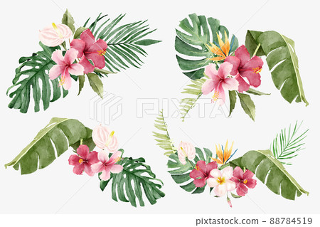Watercolor Bouquets of Tropical Flowers and Exotic Leaves 88784519
