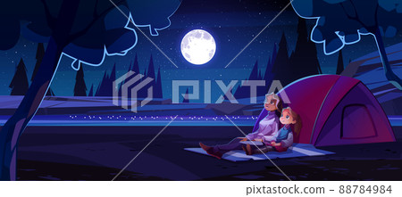 Woman and girl in summer camp at night 88784984