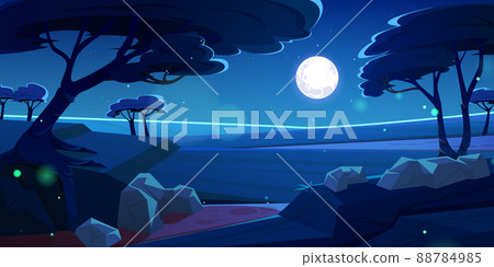 Savannah landscape with acacia trees at night 88784985