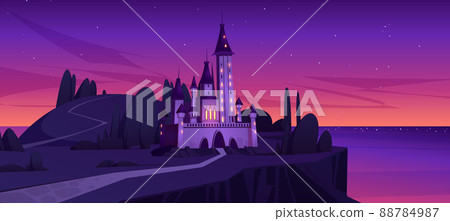 Medieval castle on island in sea after sunset - Stock Illustration ...