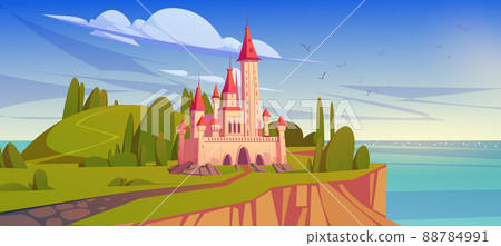 Fairy tale castle on island in sea 88784991