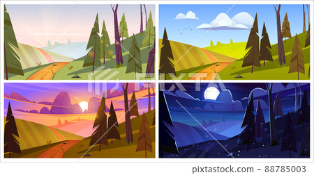 Cartoon nature at morning, evening, night and day 88785003