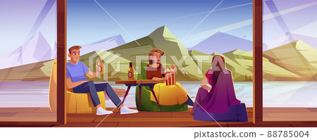 People relax on home terrace with view on lake 88785004