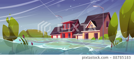 Flood in town, natural disaster with rain storm 88785183