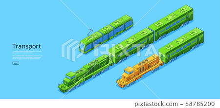 Banner with isometric transport, tram and trains Banner with isometric transport, tram and trains 88785200