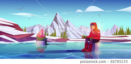 Winter ice fishing with men holding rods on pond Winter ice fishing with men holding rods on pond 88785235