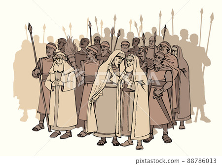 Old Pharisee Priest with army. Vector drawing 88786013