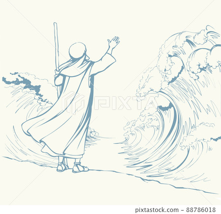 Moses with the staff at the sea. Vector drawing 88786018