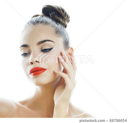 young pretty brunette real woman close up isolated on white background. Fancy fashion makeup, natural look spa young pretty brunette real woman close up isolated on white background. Fancy fashion makeup, natural look spa 88786054