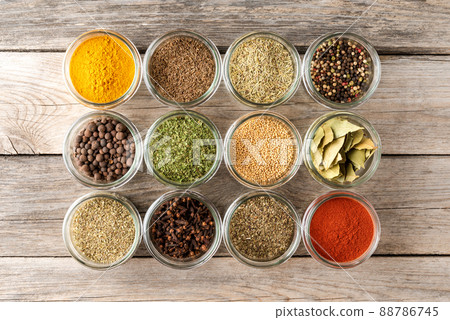 Various kinds of colourful seasonings in bowls. Collection of spices 88786745