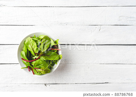Overhead shot of fresh green salad with spinach, arugula and beetroot leaves in bowl on white wooden background with copyspace Overhead shot of fresh green salad with spinach, arugula and beetroot leaves in bowl on white wooden background with copyspace 88786768