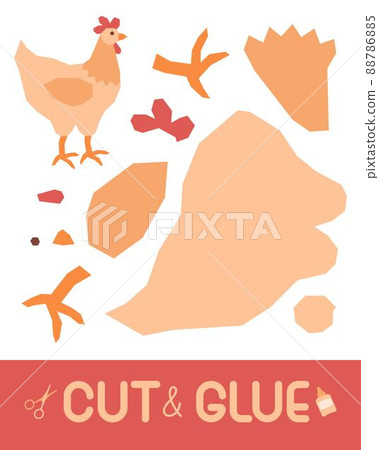 Cute cartoon beige chicken with a red crest and orange legs. Side view of a hen. Education paper game for children. Use scissors and glue to create the image. Vector illustration. Cute cartoon beige chicken with a red crest and orange legs. Side view of a hen. Education paper game for children. Use scissors and glue to create the image. Vector illustration. 88786885