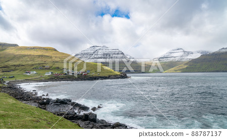 Dramatic landscape with a small village on Faroe Islands in the north Atlantic. The nature of the Faroe Islands in the north Atlantic 88787137