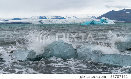 View of icebergs in Jokulsarlon glacier lagoon formed with melting ice, Iceland, global warming and climate change concept View of icebergs in Jokulsarlon glacier lagoon formed with melting ice, Iceland, global warming and climate change concept 88787151
