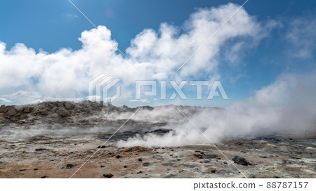 Hverir Myvatn geothermal area with natural steam vents and mud pools all around Lake Myvatn, the Hverir geothermal fields, Iceland Hverir Myvatn geothermal area with natural steam vents and mud pools all around Lake Myvatn, the Hverir geothermal fields, Iceland 88787157