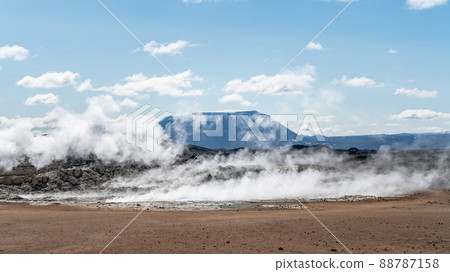 Hverir Myvatn geothermal area with natural steam vents and mud pools all around Lake Myvatn, the Hverir geothermal fields, Iceland Hverir Myvatn geothermal area with natural steam vents and mud pools all around Lake Myvatn, the Hverir geothermal fields, Iceland 88787158