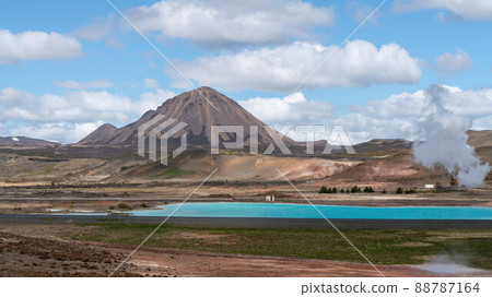 Blue lake in Hverir Myvatn geothermal area with boiling mudpools and steaming fumaroles in Iceland Blue lake in Hverir Myvatn geothermal area with boiling mudpools and steaming fumaroles in Iceland 88787164