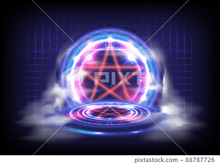 GUI and UI virtual reality. Portal and hologram science futuristic. Sci-fi digital hi-tech in glowing HUD projector. Magic gate in game fantasy. Circle teleport podium with fog on ground 88787726