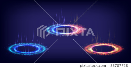 Digital high-tech collection in glowing HUD. Hologram portal of science futuristic. Magic warp gate in game fantasy. 3D Shining technology. Circle teleport podium. fireworks and luminous electron 88787728