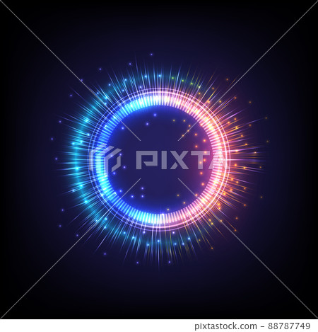 Technology glowing HUD circle. Light , ray and sparking ring. Colorful tunnel. Bright border. Magic portal. Luminous electron and glint swirling. Fireworks model 88787749