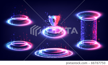 Sci-fi high-technology stage collection in red and blue glowing HUD. Hologram portal swirl light of science futuristic. Magic warp gate in game fantasy. Circle teleport podium.  Capsule hologram 88787750