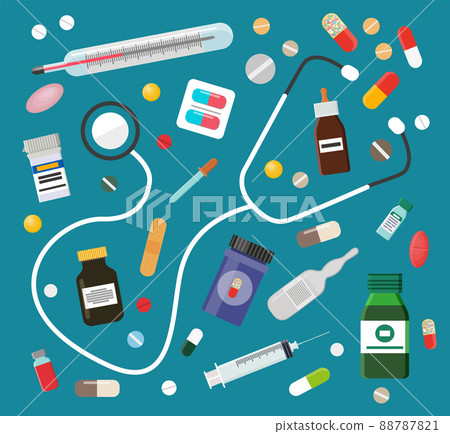 Medicines in Pills or Syrups and Stethoscope Set 88787821