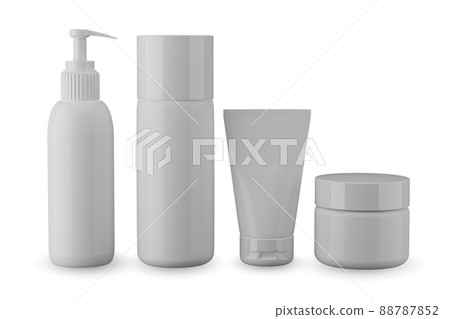 Cosmetic tube set. 3D cream tubes in white color. Plastic gel package white cap. Face skincare lotion container template. Realistic beauty makeup product. 88787852