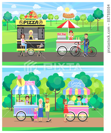 Street Food Carts with Vendors in Green Park Set 88788084