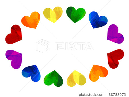 Illustration of an oval frame with 6 rainbow-colored hearts_Background material 88788973