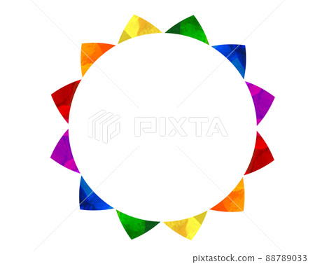 Illustration of a circular frame lined with garland of 6 rainbow-colored triangular flags_background material Illustration of a circular frame lined with garland of 6 rainbow-colored triangular flags_background material 88789033